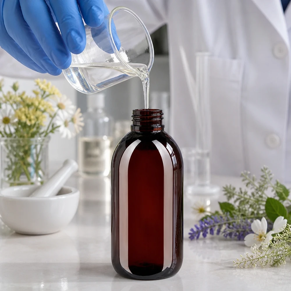 Brązowa butelka PET o pojemności 250 ml z zamknięciem zabezpieczającym przed manipulacją, napełniana w laboratorium