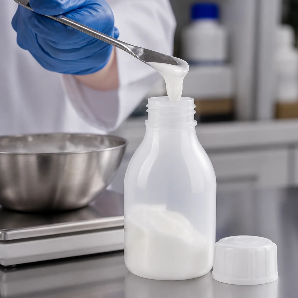 Kremową białą substancję napełnia się metalową łopatką do małej butelki laboratoryjnej o pojemności 30 ml i wąskiej szyjce