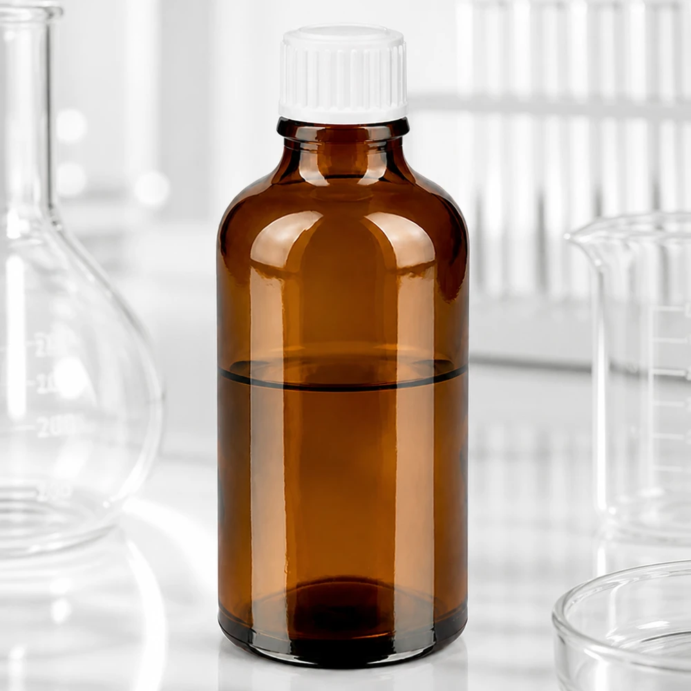 Brązowa szklana butelka z zakraplaczem o pojemności 50 ml z białym zamknięciem zabezpieczającym przed dziećmi w laboratorium