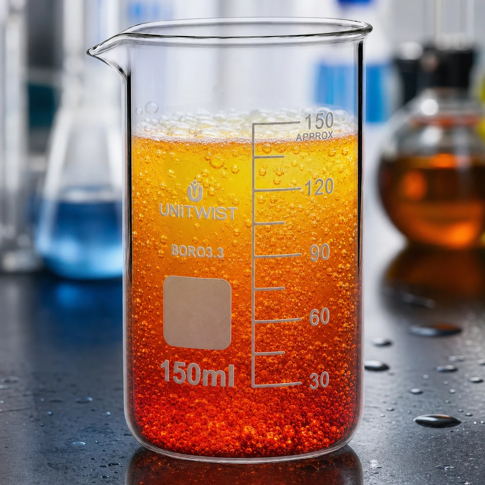 Szklanka UNITWIST o pojemności 150 ml, wykonana ze szkła borokrzemowego, o wysokim kształcie, zawierająca pomarańczowo-czerwoną ciecz i pęcherzyki powietrza w laboratorium