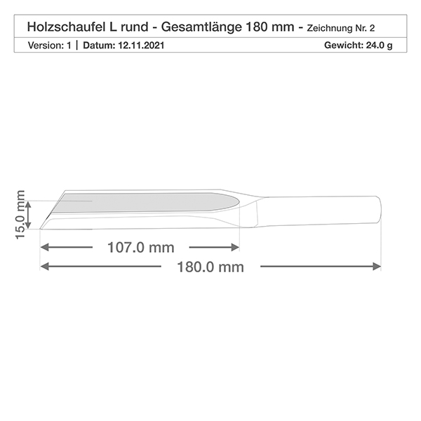 Drewniana łopata w rozmiarze L o płaskim kształcie i długości 18 cm Szczegółowy rysunek drewnianej łopaty L o wymiarach 107mm Ostrze łopaty 180mm Całkowita długość 15mm Wysokość Specyfikacja produktu