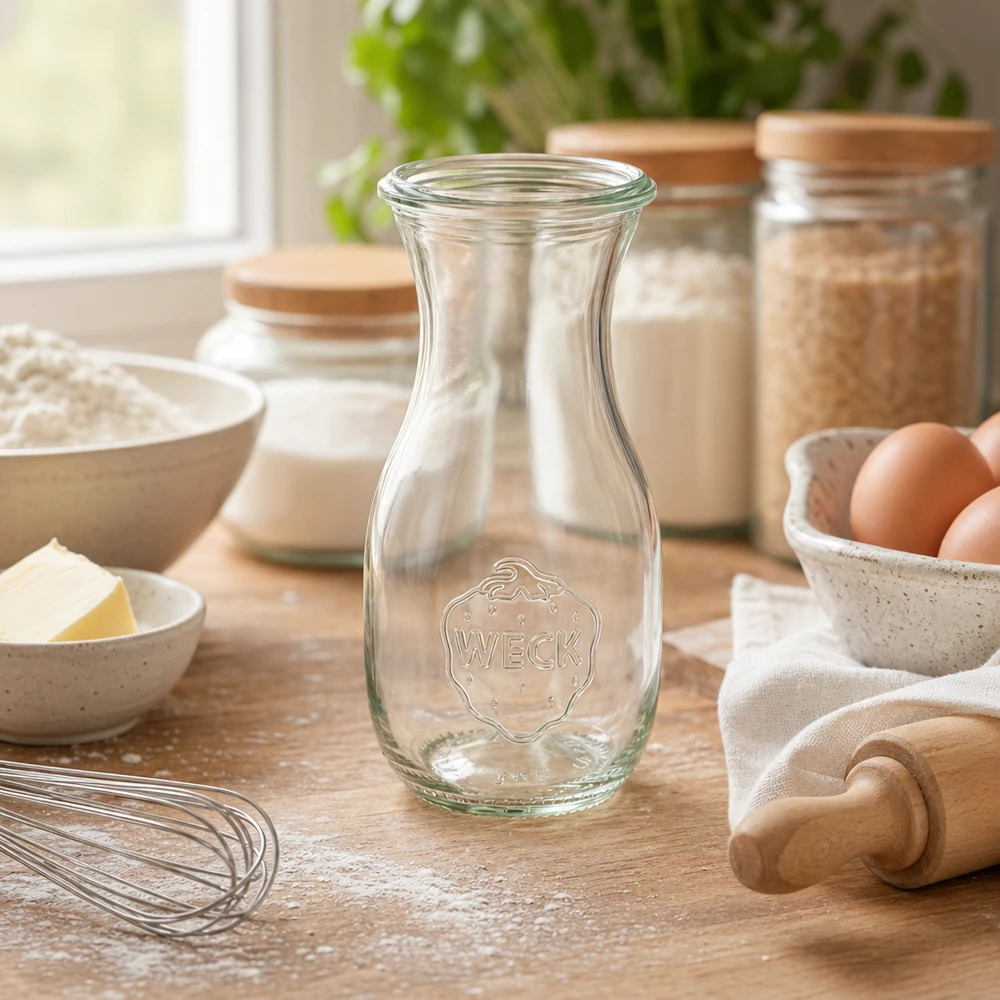 Butelka na sok WECK RR60 o pojemności 290 ml Butelka soku WECK 290ml RR60 na drewnianym stole pomiędzy składnikami do pieczenia, takimi jak jajka, mąka i przybory kuchenne w ciepłej atmosferze.
