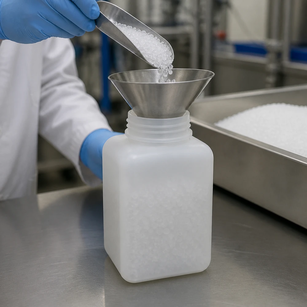 Butelka na chemikalia 1000 ml z PE-HD, z szeroką szyjką, w kolorze naturalnym, podczas napełniania granulatem za pomocą leja ze stali nierdzewnej