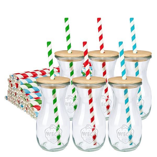 6 x butelka na sok WECK 290 ml RR60 z drewnianą pokrywką i 100 ekologicznymi 6 szklanych butelek na sok WECK 290 ml z drewnianą pokrywką i kolorowymi słomkami z papieru ekologicznego w zielono-czerwono-niebieskie paski