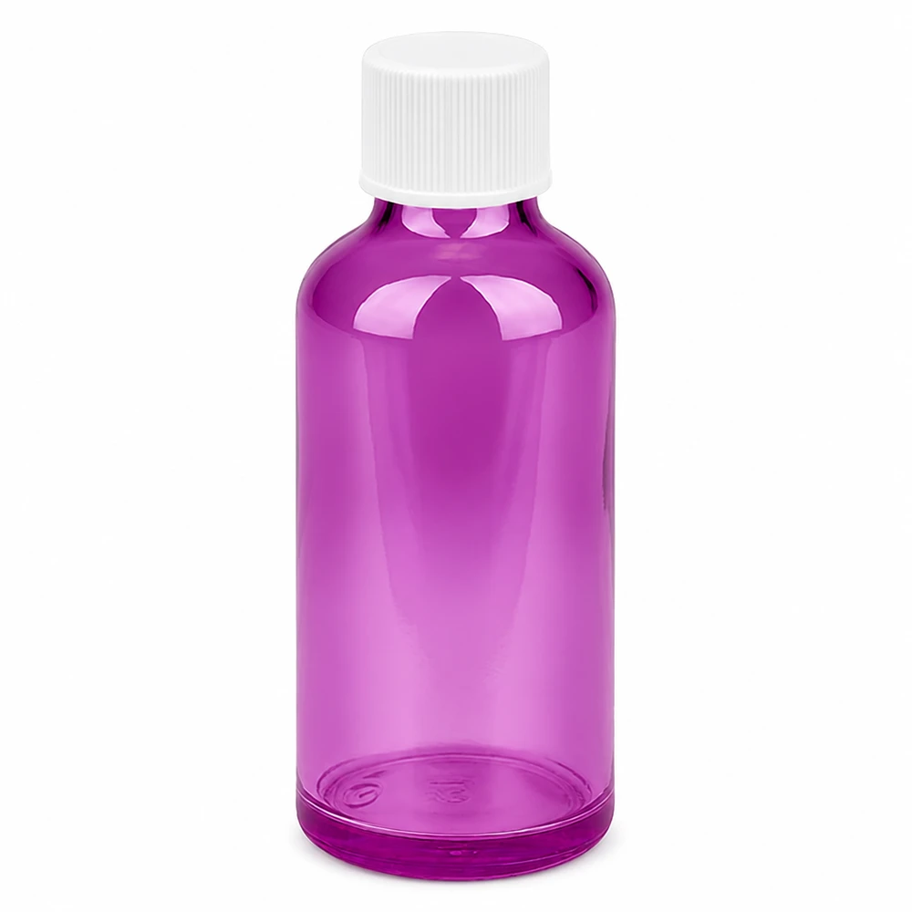 Szklana butelka 50 ml w kolorze fioletowym z białą zakrętką do kosmetyków i farmaceutyków