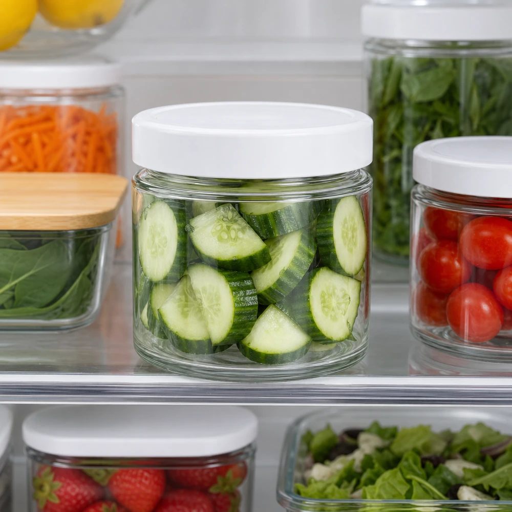 135ml okrągły słoik BasicSeal pokrywka biała Lodówka Meal Prep ogórek w plasterkach Przechowywanie warzyw Zachowanie świeżości