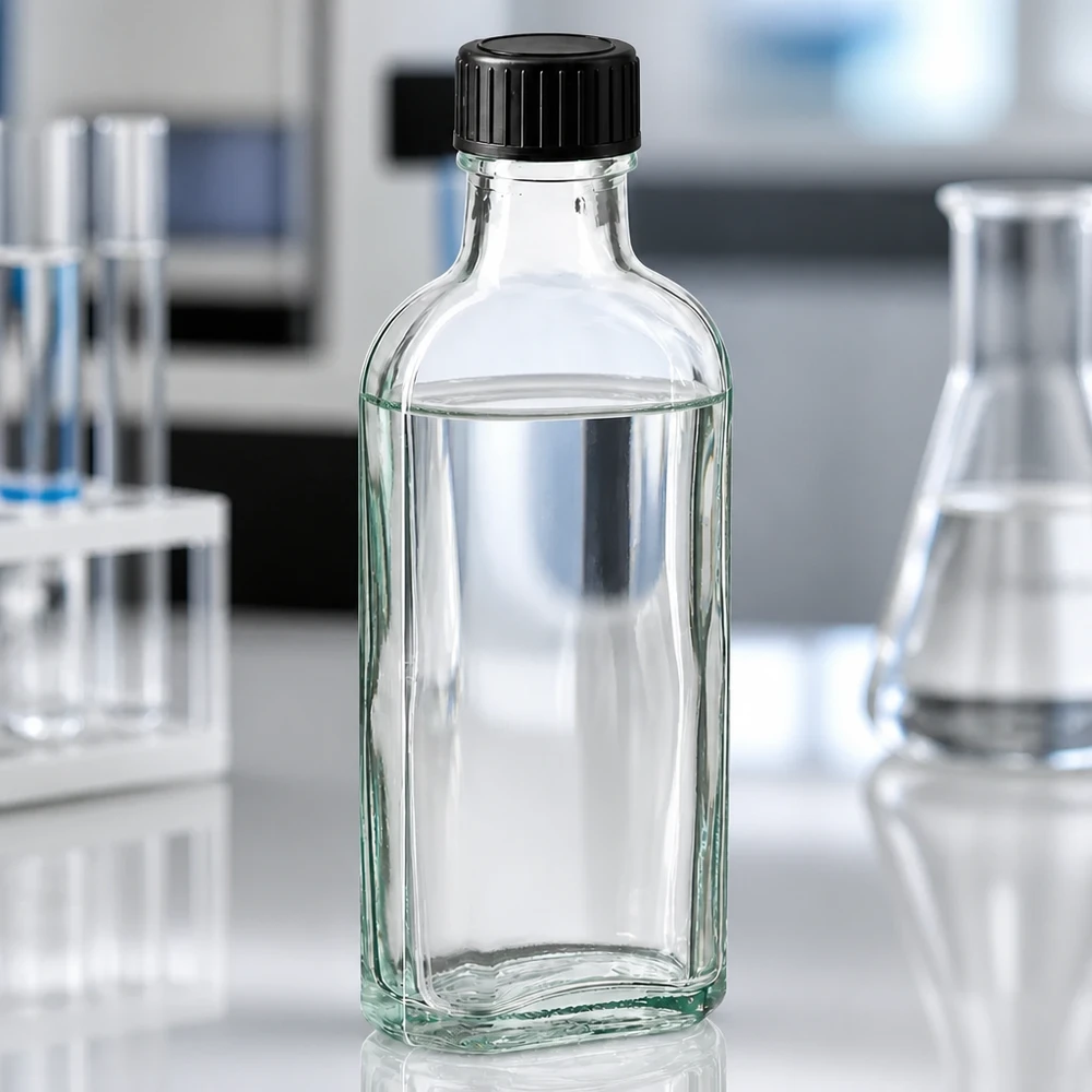 100 ml Przezroczysta zakrętka Meplat z dyskiem uszczelniającym z EPE Prostokątna szklana butelka o pojemności 100 ml z czarną zakrętką, w połowie wypełniona przezroczystym płynem w laboratorium