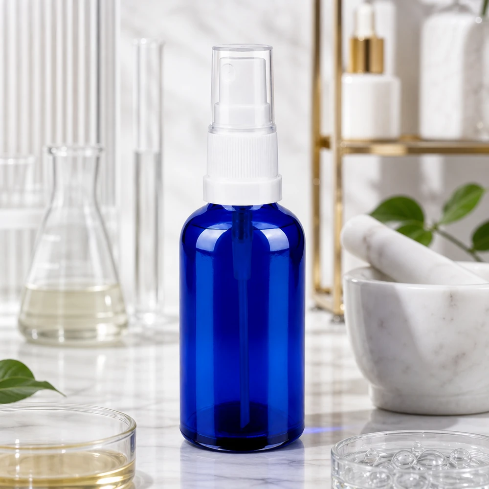 Szklany pojemnik o pojemności 50 ml z rozpylaczem do równomiernego rozprowadzania produktów pielęgnacyjnych