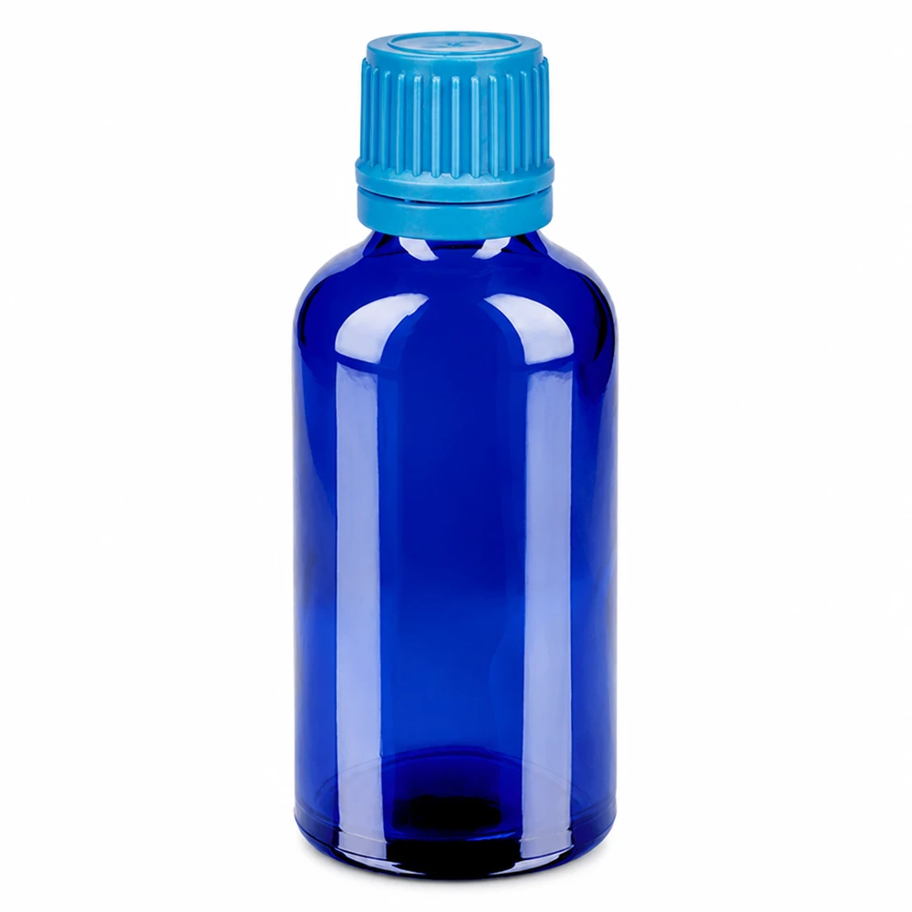 50 ml niebieska szklana butelka z zakrętką 11 mm do zastosowań kroplowych