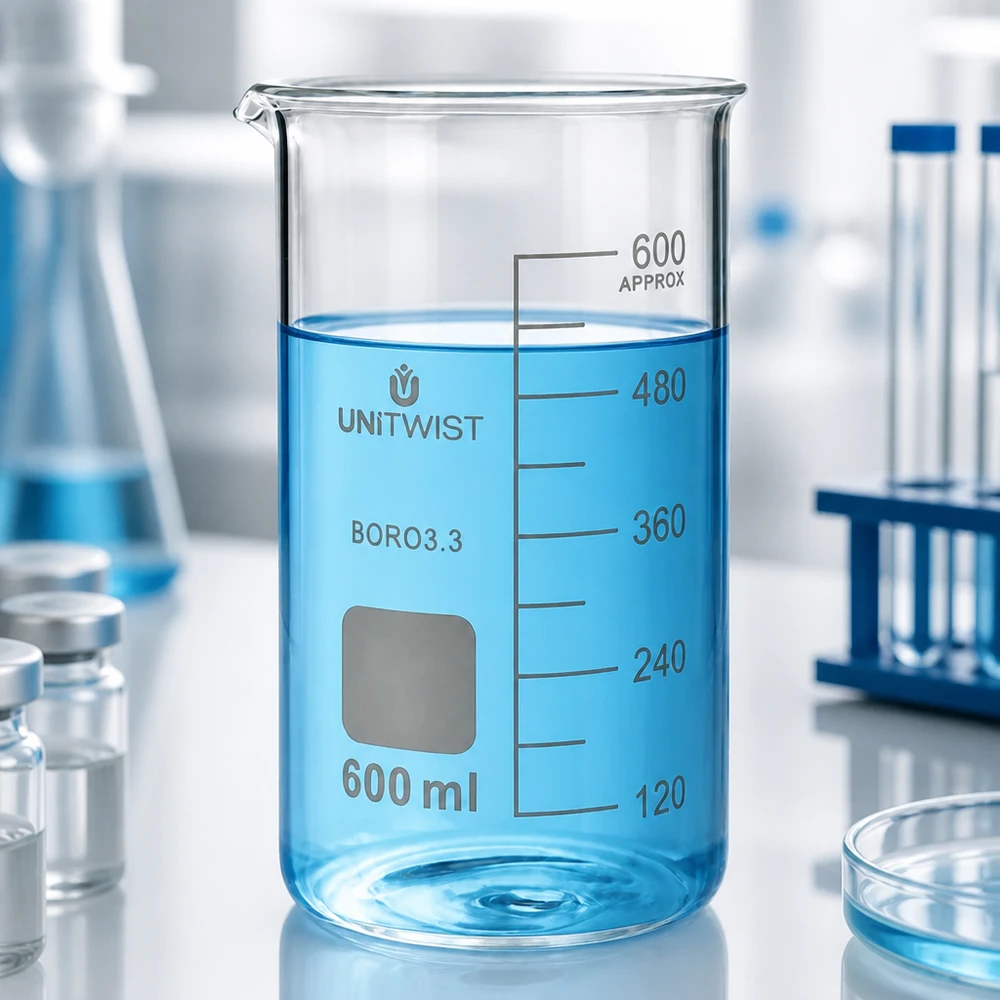 Szklanka UNITWIST o pojemności 600 ml, wysoka, wykonana ze szkła borokrzemowego, z precyzyjną skalą mililitrową, napełniona do 480 ml