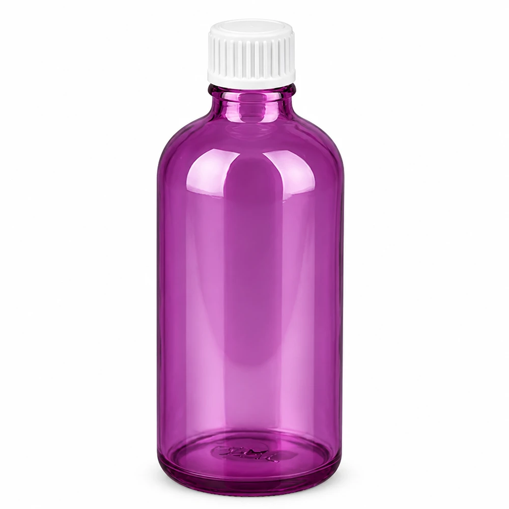 Butelka 100 ml (kuleczka) z pierścieniem nalewowym 3 mm, biała Standard PurpleLine. UT18/100 Szklana butelka 100 ml w kolorze fioletowym z białą zakrętką UT18 do kosmetyków i farmaceutyków