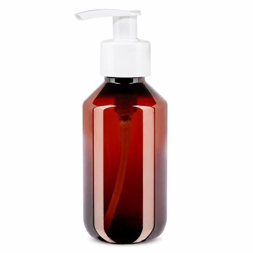 Nachfüllbare 200ml Kunststoffflasche bernsteinfarben mit weissem Pumpaufsatz für Kosmetik