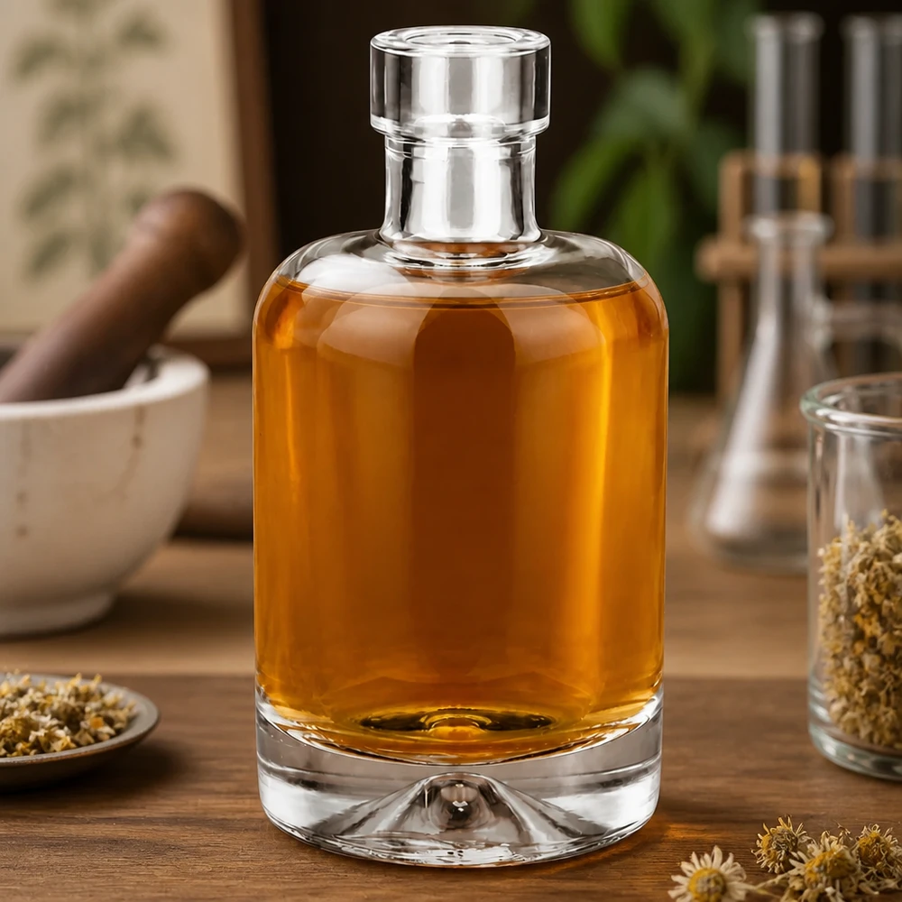 50 ml szklana butelka Amelie wypełniona ziołowym eliksirem w kolorze bursztynu na drewnianym stole ozdobionym rumiankiem i przyprawami.