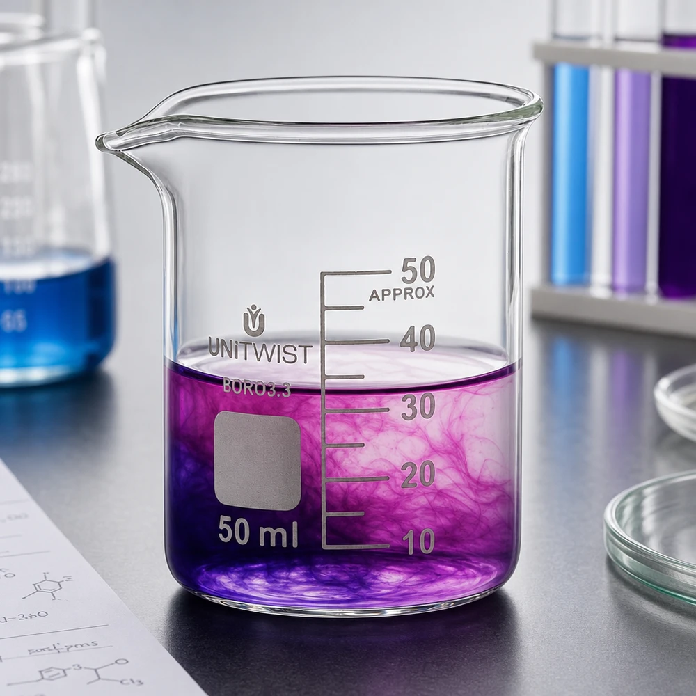Zlewka 50 ml z borokrzemianu, niskoprofilowa UNiTWIST Szklanka UNiTWIST o pojemności 50 ml, niskiego kształtu, z fioletowym płynem i gradientem kolorystycznym w laboratorium