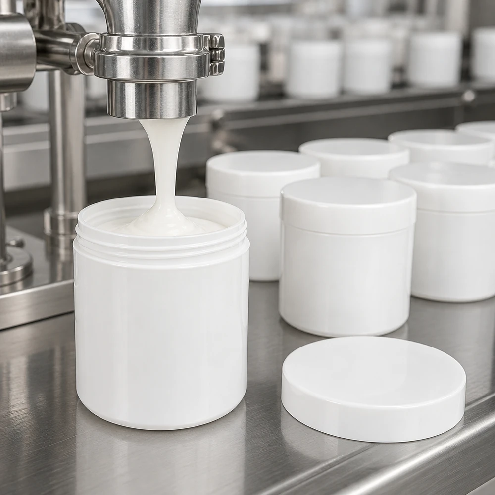 Słoik na maść 100g biały z białą zakrętką (PP) Automatyczne napełnianie białych słoików na maści z PP o pojemności 100 g na linii produkcyjnej ze stali nierdzewnej