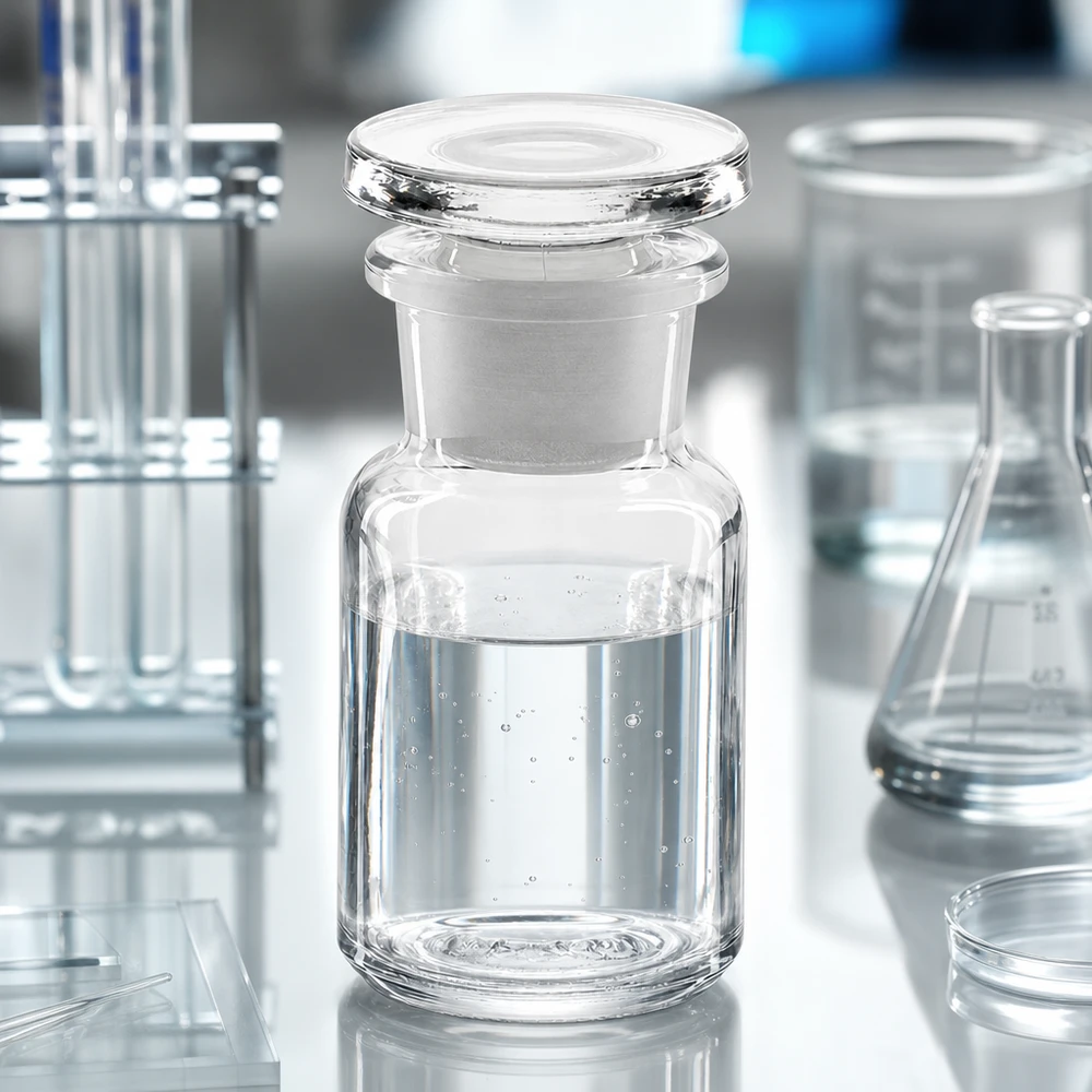 Butelka laboratoryjna o szerokiej szyjce, 50 ml, z przezroczystego szkła, z szklanym korkiem, na białym blacie laboratoryjnym