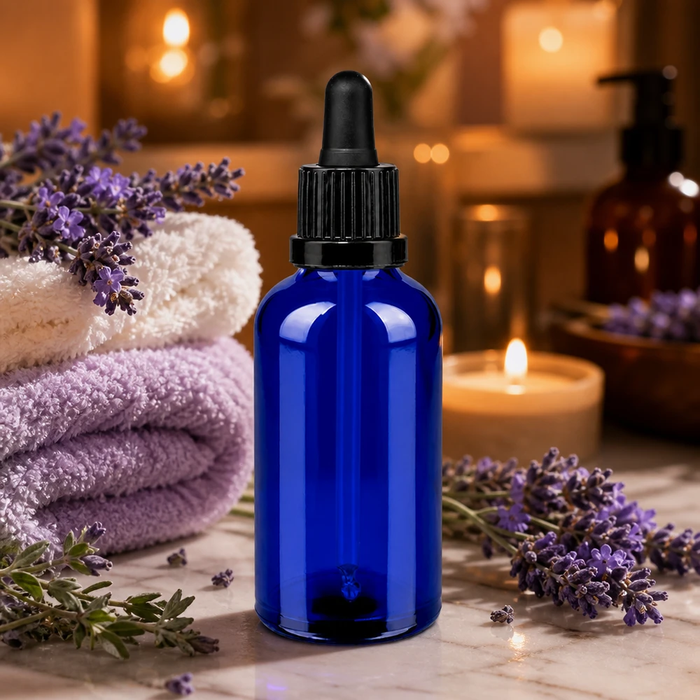 Niebieska szklana butelka 50 ml z czarną pipetą - BlueLine UT18/50 do olejków eterycznych i serum
