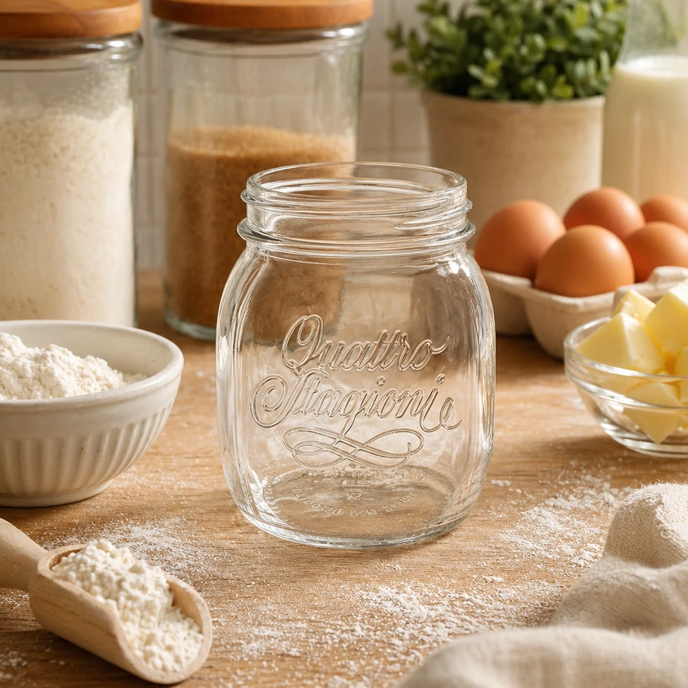 700ml szklanka Quattro Stagioni pusta na drewnianym stole w otoczeniu składników do pieczenia mąki, jajek i masła w kuchni
