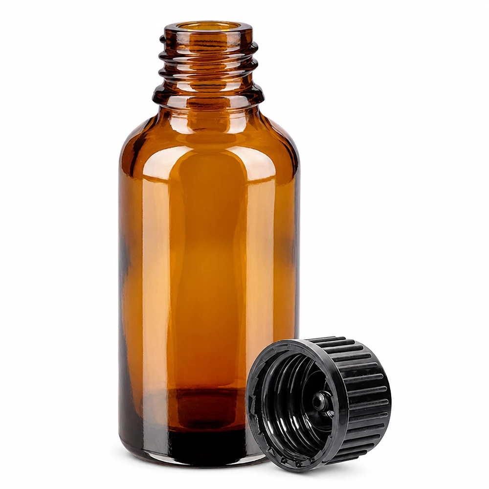 30 ml butelka 11 mm SV czarna STD BrownLine UT18/30 Szklana butelka 30 ml w kolorze bursztynu z gwintem i zdejmowaną nasadką do aromaterapii