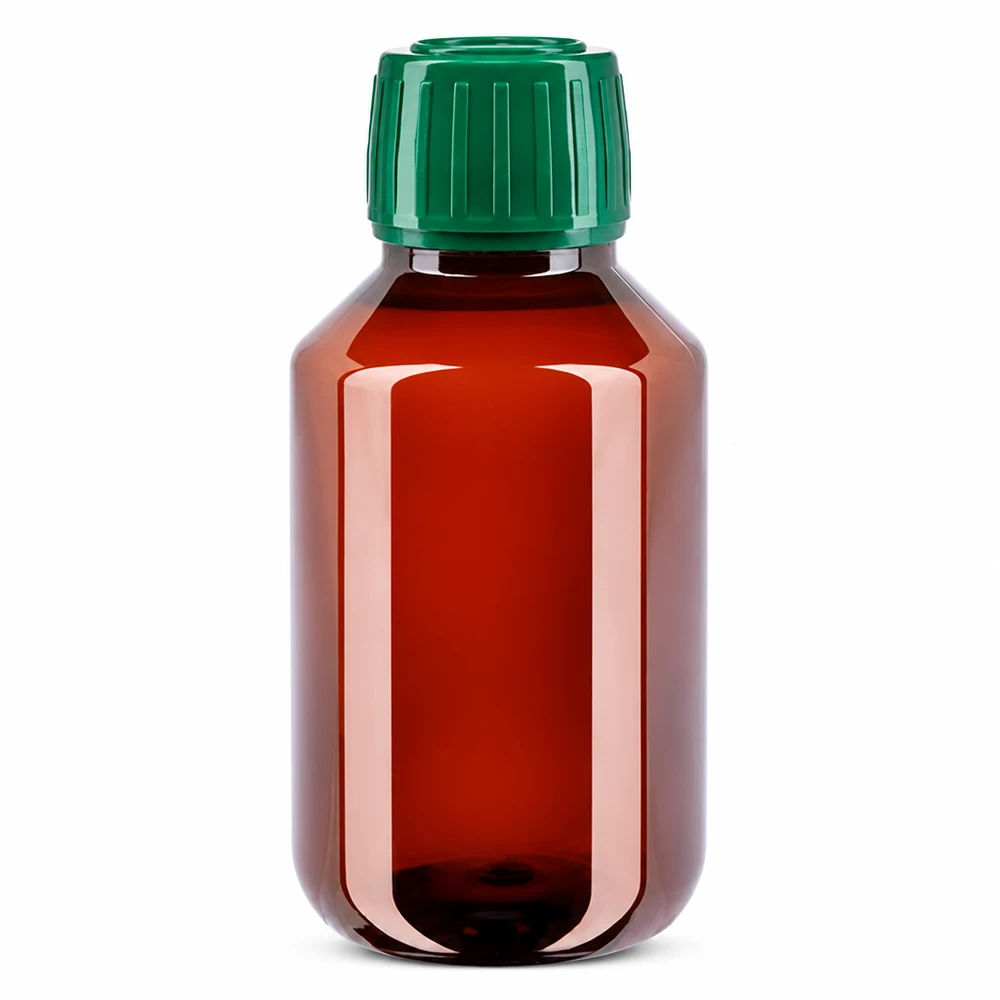 Brązowa butelka PET o pojemności 100 ml z zieloną oryginalną nakrętką, przeznaczona dla branży farmaceutycznej i laboratoryjnej
