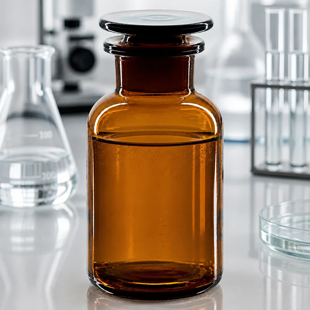 Okrągła butelka na ramię 250 ml z brązową szeroką szyjką i szklanym korkiem Zdjęcie laboratoryjne: brązowa butelka o szerokiej szyjce o pojemności 250 ml, z korkiem szklanym, otoczona kolbami Erlenmeyera i probówkami