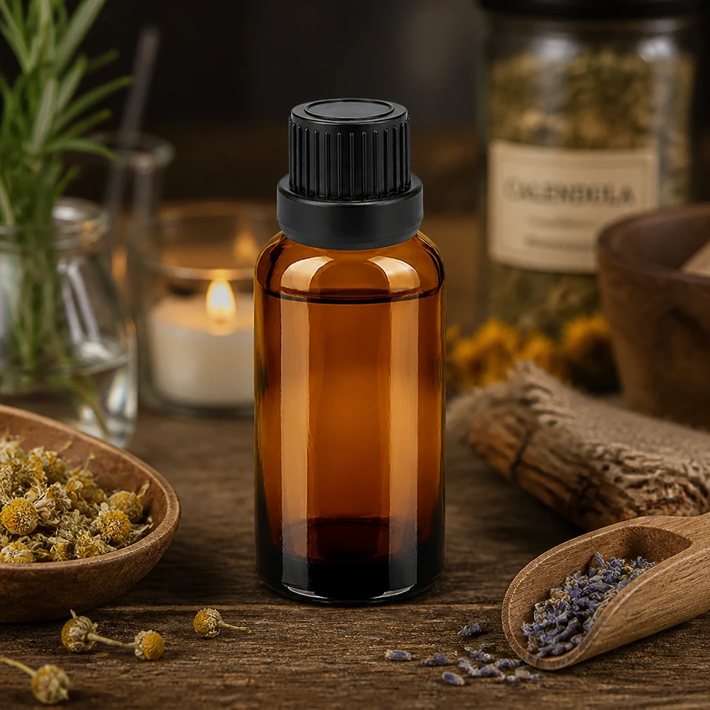 30 ml butelka z zakraplaczem 2 mm czarna OV BrownLine UT18/30 Mała butelka z zakraplaczem o pojemności 30 ml z eleganckiego bursztynowego szkła z czarną zakrętką umożliwiającą precyzyjne dozowanie.