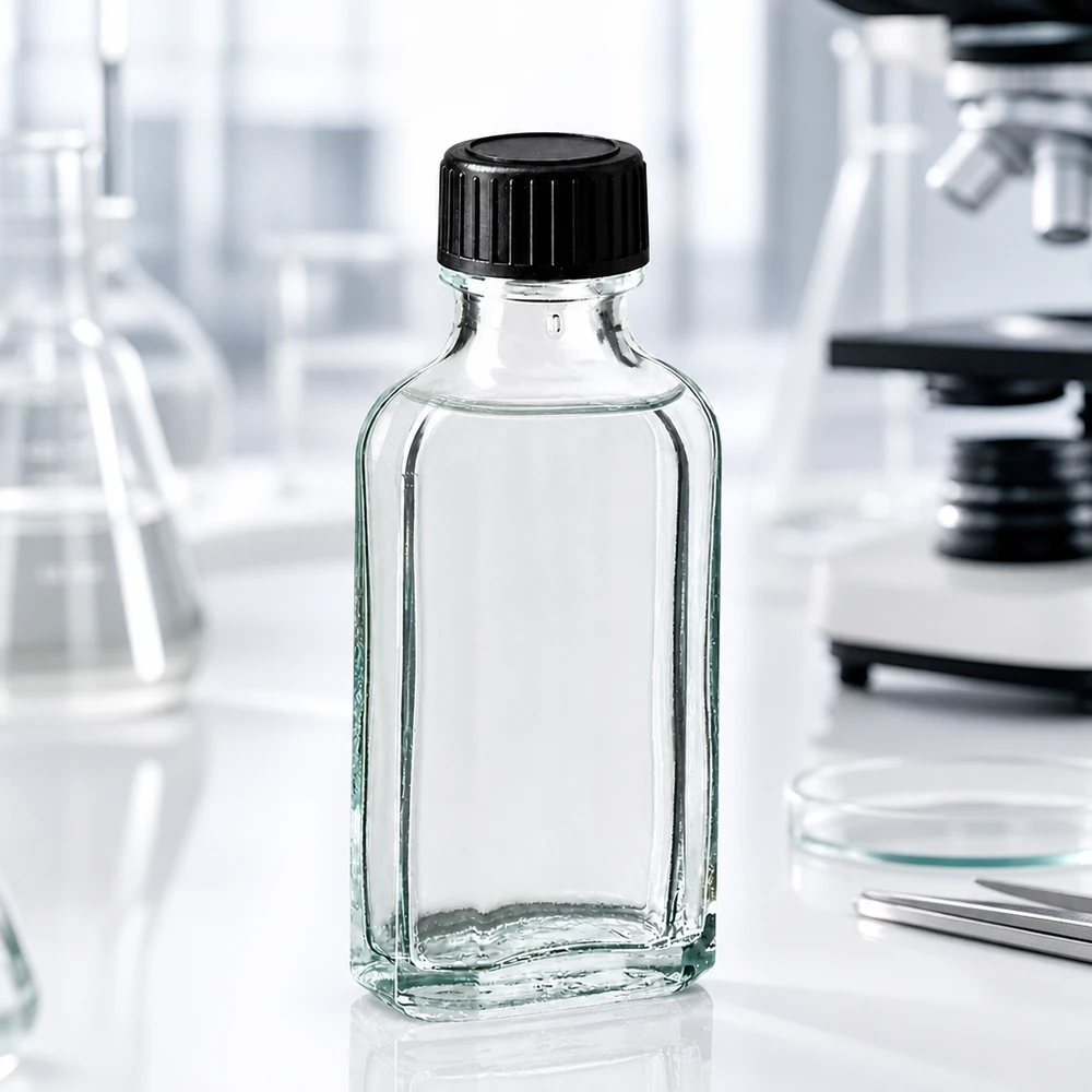 Przezroczysta szklana butelka Meplat o pojemności 50 ml z czarną plastikową nakrętką w laboratorium