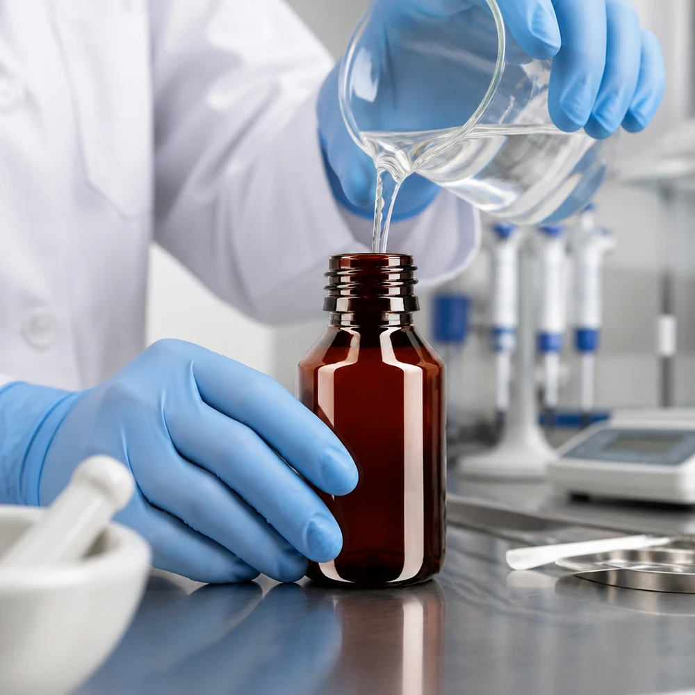 Butelka PET 50ml PP28 bez zakrętki Laborant w białym fartuchu napełnia brązową butelkę PET o pojemności 50 ml z nakrętką PP28 płynem z zlewki