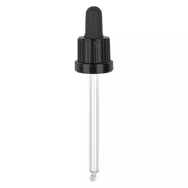 Nasadka do pipet czarna DIN18, długość pipety 95 mm z pierścieniem zabezpieczającym przed manipulacją. Nie przepuszcza alkoholu. Do ApoGlas® 100 ml brązowa, niebieska, zielona, przezroczysta(+++) z gwintem 18 mm.