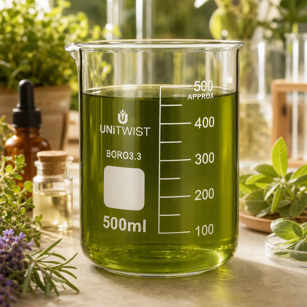 Zlewka 500 ml borokrzemianowa, niski kształt UNiTWIST Szklanka UNiTWIST o pojemności 500 ml, wykonana z borokrzemianu, o niskim profilu, wypełniona zielonym płynem ziołowym