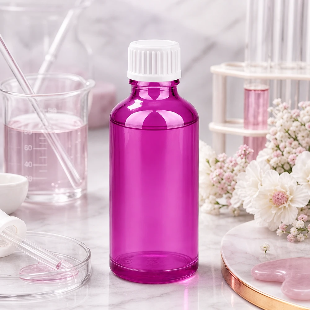 Okrągła szklana butelka 50 ml z gwintem DIN18 w kolorze fioletowym błyszczącym do profesjonalnych zastosowań laboratoryjnych