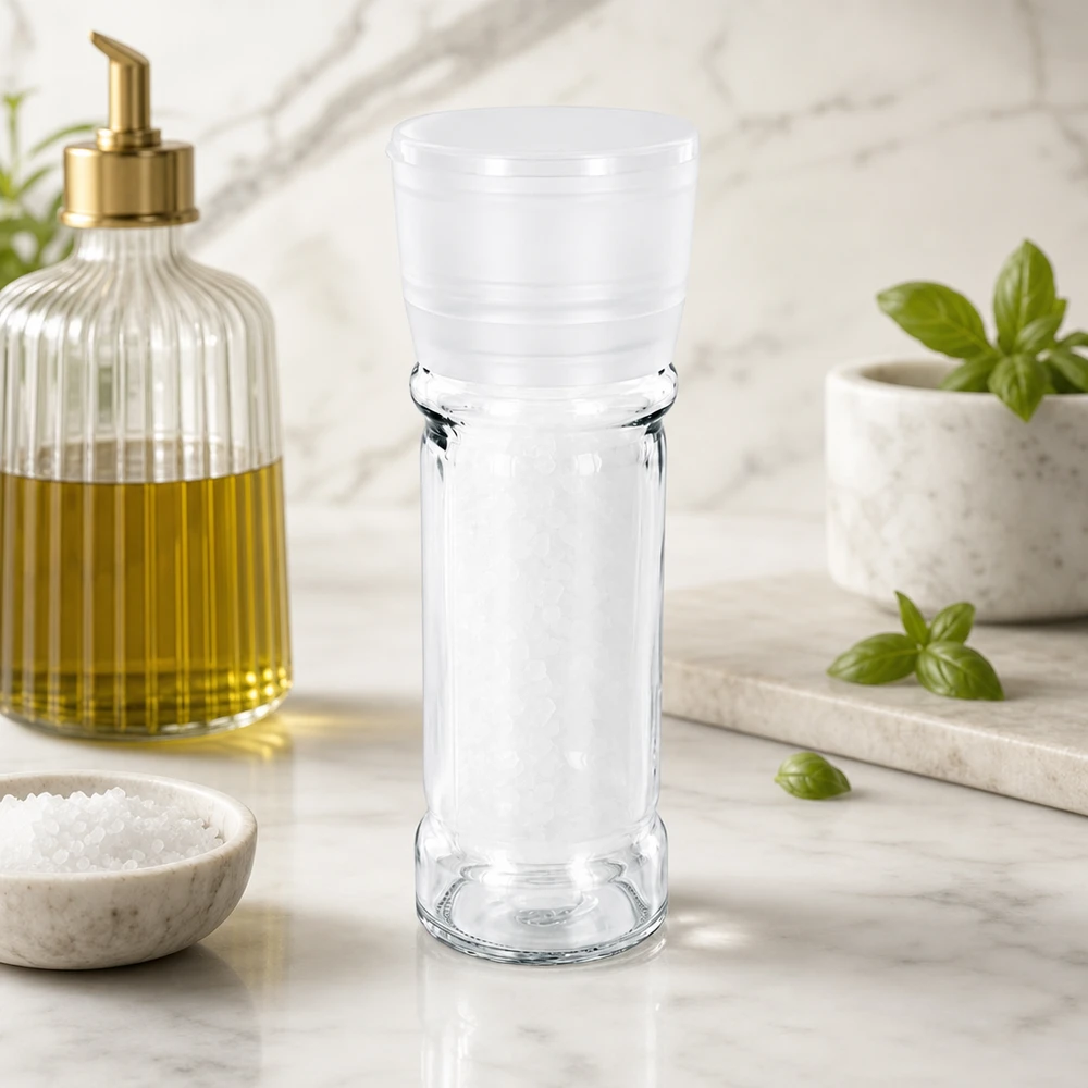Młynek do soli o pojemności 100 ml, wykonany z przezroczystego szkła, z białą plastikową nasadką, na białym marmurowym blacie
