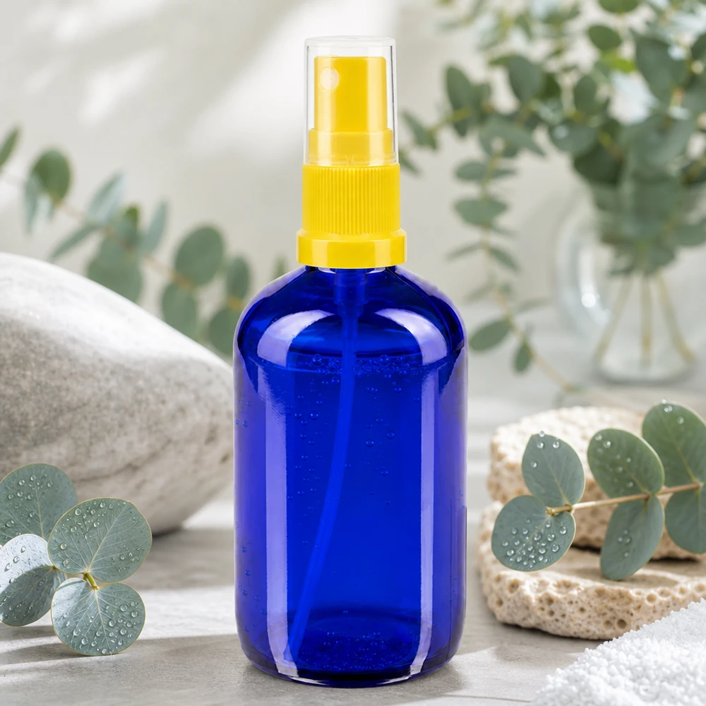 Niebieska szklana butelka o pojemności 100 ml z żółtą głowicą rozpylającą, otoczona gałązkami eukaliptusa i kamieniami naturalnymi