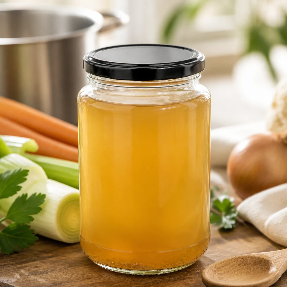 Okrągła szklana butelka UNiTWIST o pojemności 320 ml z czarną pokrywką BasicSeal, wypełniona złotym bulionem warzywnym, stojąca na drewnianym stole