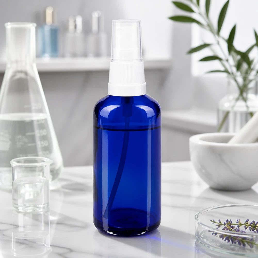 Niebieska butelka z rozpylaczem o pojemności 50 ml, z zaokrąglonymi ramionami, wykonana ze szkła aptecznego, z białą głowicą rozpylającą