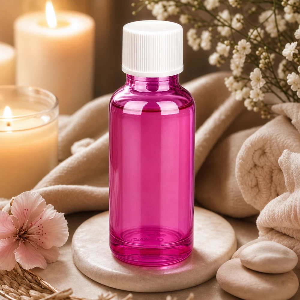 Butelka 20 ml z zakrętką 11 mm biała standardowa PurpleLine UT18/20 20 ml szklana butelka w jasnofioletowym kolorze z białą nakrętką, idealna do spa i wellness