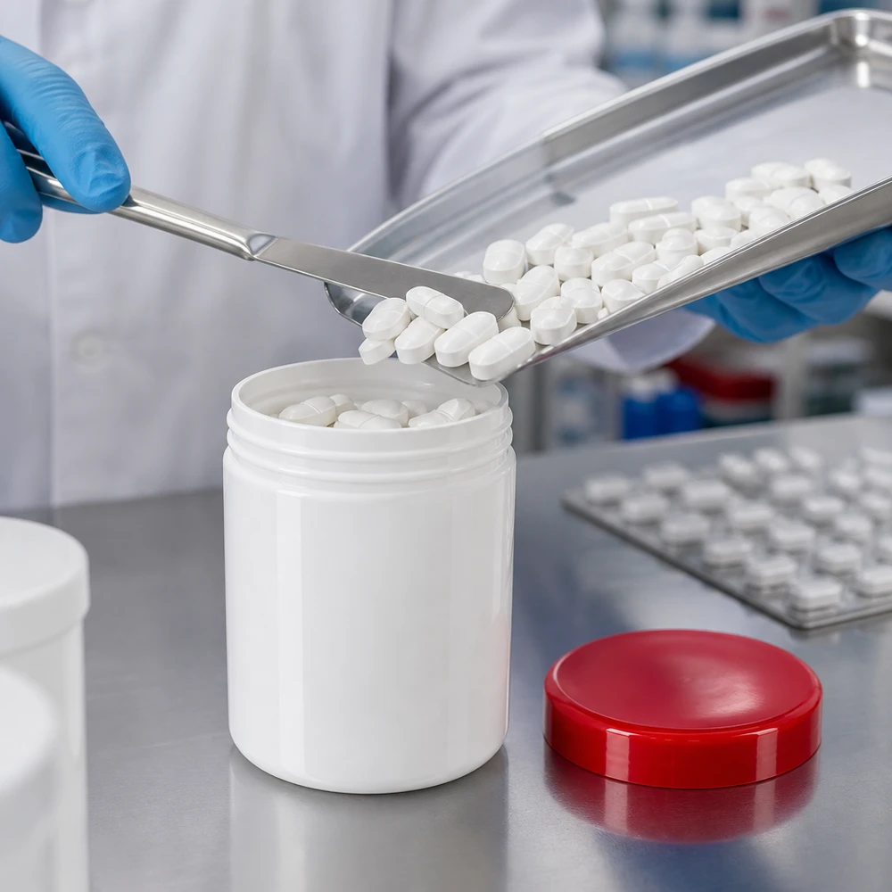 Duży biały plastikowy słoik o pojemności 800 g z czerwoną zakrętką, przeznaczony do profesjonalnego napełniania tabletek