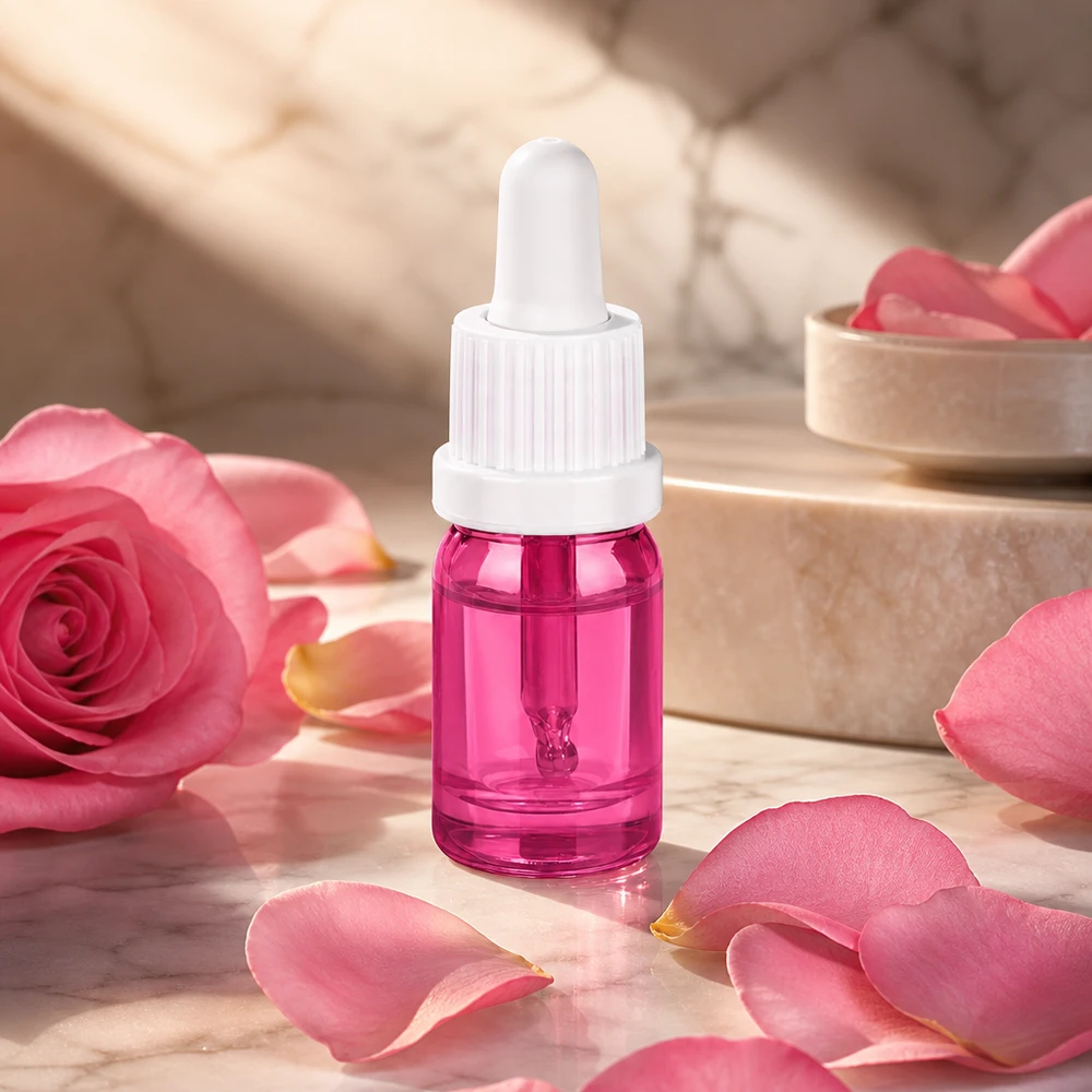 Mała 5 ml butelka z pipetą w kolorze fioletowym z białą zakrętką do olejków eterycznych i serum
