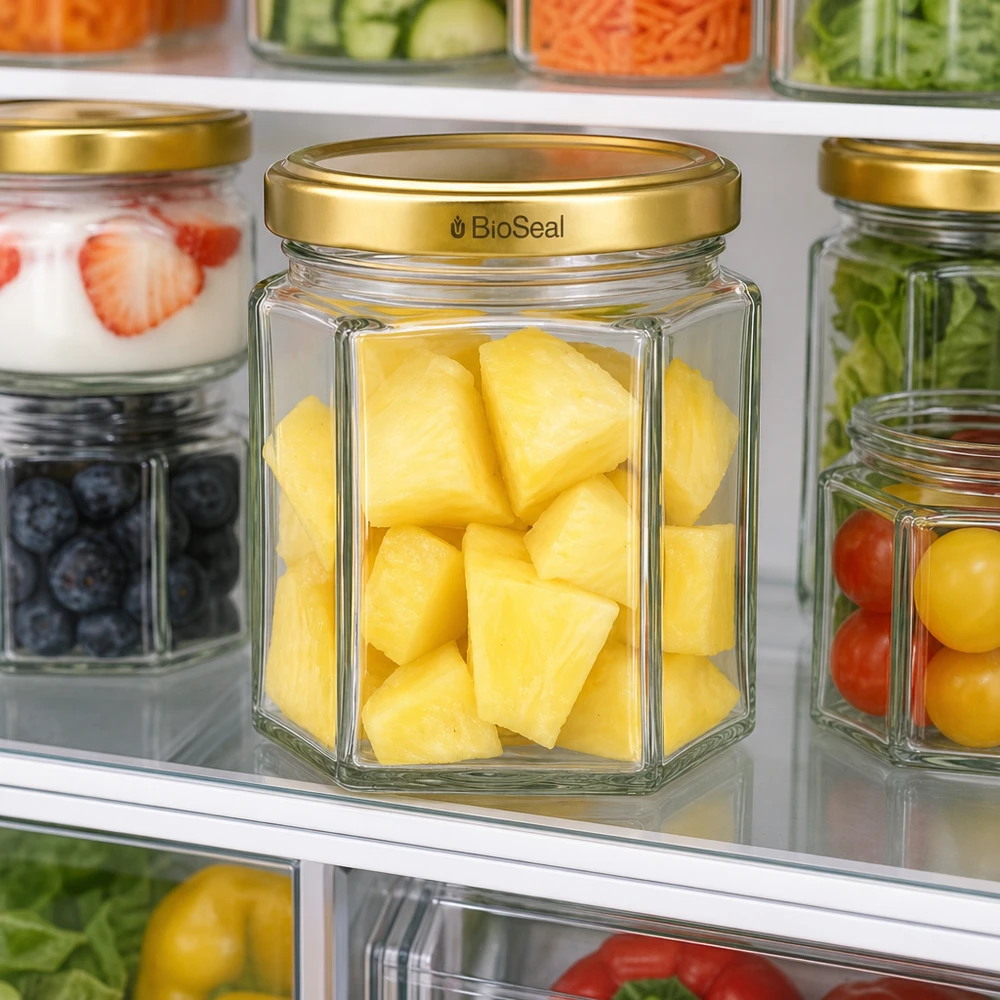 UNiTWIST Hexa47 ze złotą pokrywką TO43 BioSeal UNiTWIST Hexa47 Glasgefäß mit Ananas-Stücken im Kühlschrank - perfekt für frische Lebensmittel-Aufbewahrung
