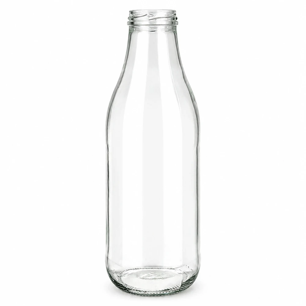 Szklana butelka 1000 ml bez pokrywki (TO48) UNiTWIST. Całkowicie szczelna z dużym otworem. Do mleka, soków i lemoniady. Wymaga pokrywki TO48 1000ml szklana butelka bez pokrywki TO48 UNiTWIST przezroczysta pusta butelka na mleko przezroczysta szklana butelka na napoje