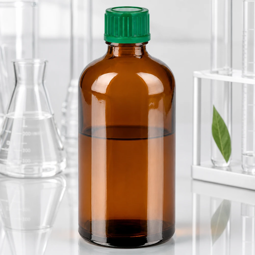 Kompaktowa szklana butelka 100 ml w kolorze brązowym z zieloną pokrywką do precyzyjnego dozowania i porcjowania