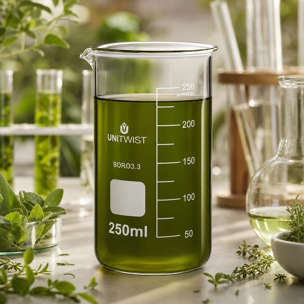 Zlewka 250 ml borokrzemianowa, wysoka UNITWIST Szklanka UNITWIST o pojemności 250 ml, wysoka, z zielonym roztworem ekstraktu ziołowego, otoczona świeżymi ziołami