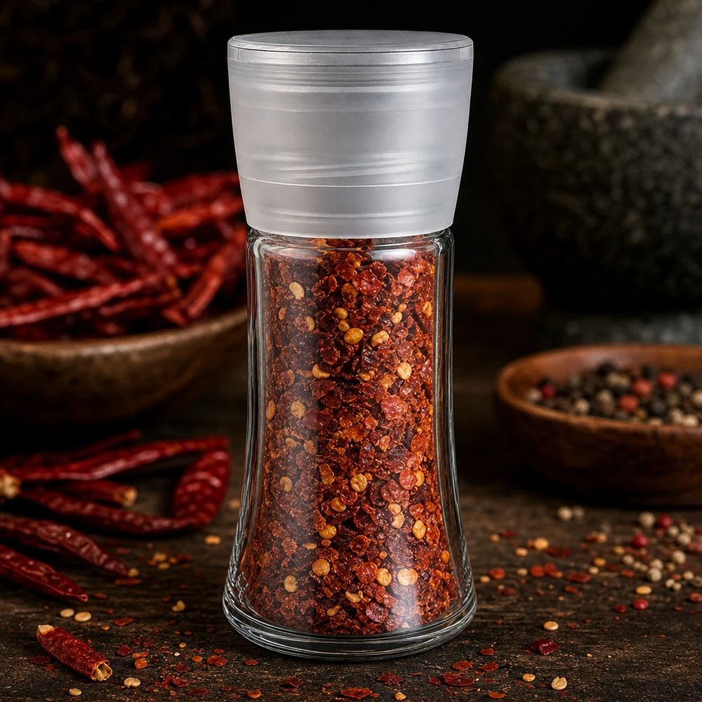 Słoik na sól/przyprawy 95 ml z młynkiem Vario, biały Słoik na przyprawy Vario o pojemności 95 ml z białym młynkiem, wypełniony płatkami chili, z moździerzem i papryczkami chili w tle