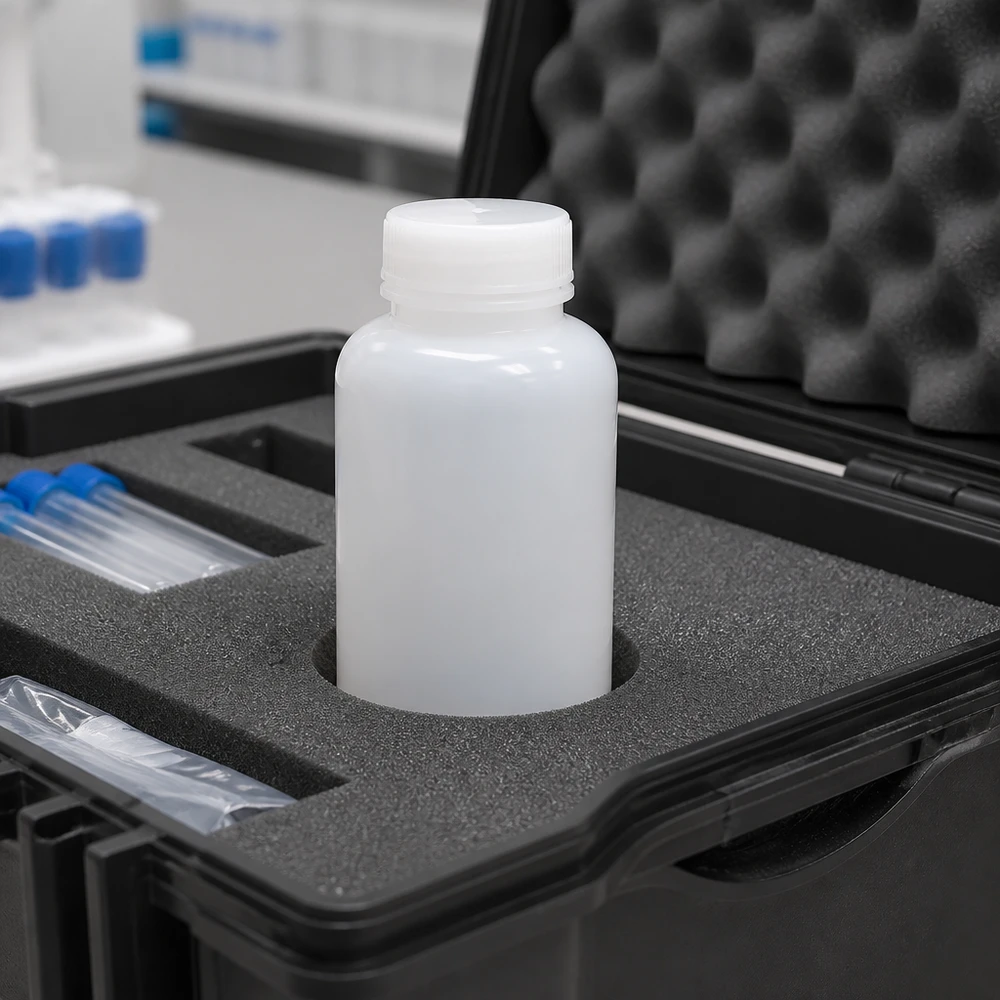 Butelka laboratoryjna 250 ml z szeroką szyjką bez zakrętki Butelka laboratoryjna o pojemności 250 ml z szeroką szyjką, bezpiecznie umieszczona w wkładce z pianki w walizce transportowej