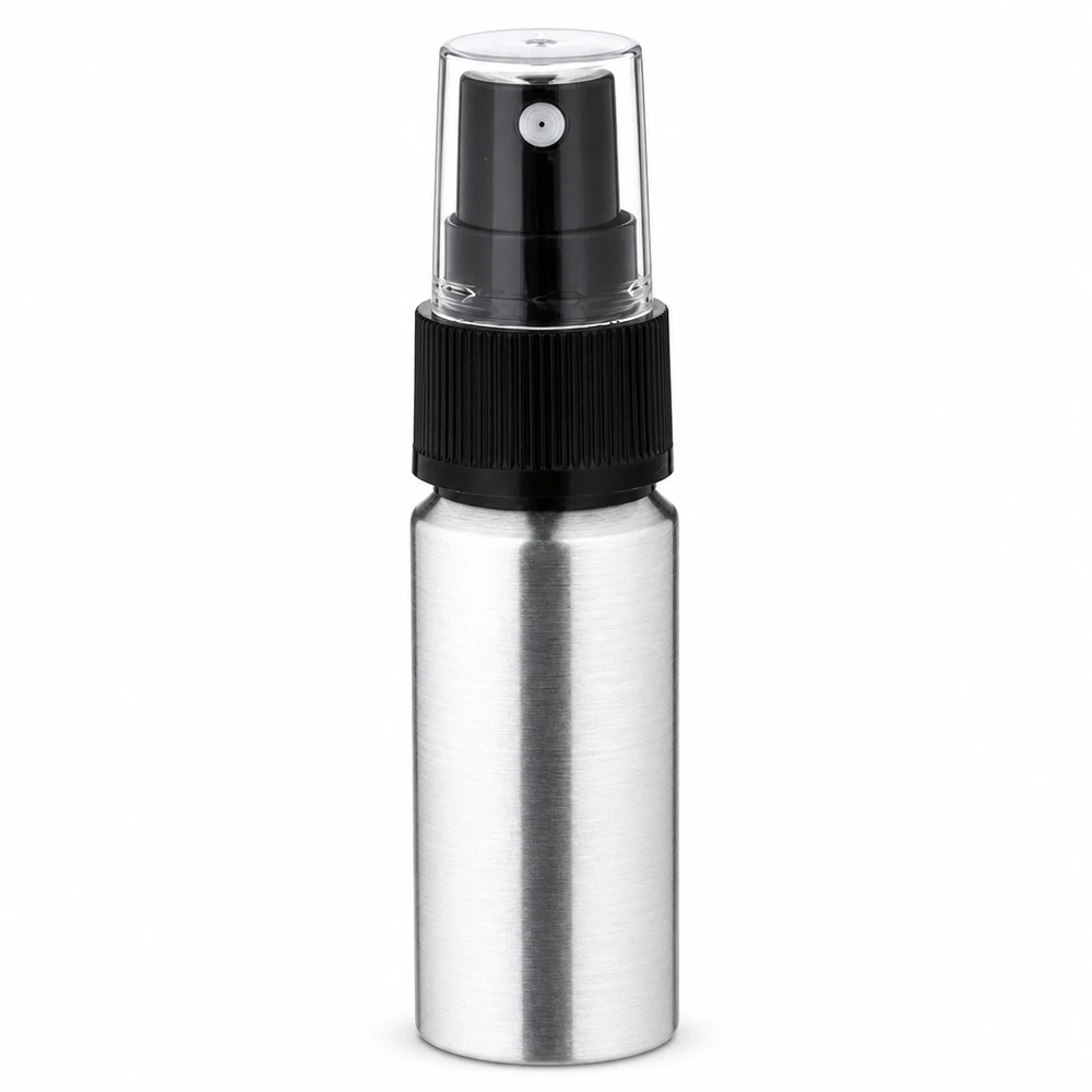 Butelka z polerowanego aluminium o pojemności 20 ml z atomizerem Aluminiowa butelka 20 ml z atomizerem - kompaktowa butelka z rozpylaczem wykonana z polerowanego aluminium