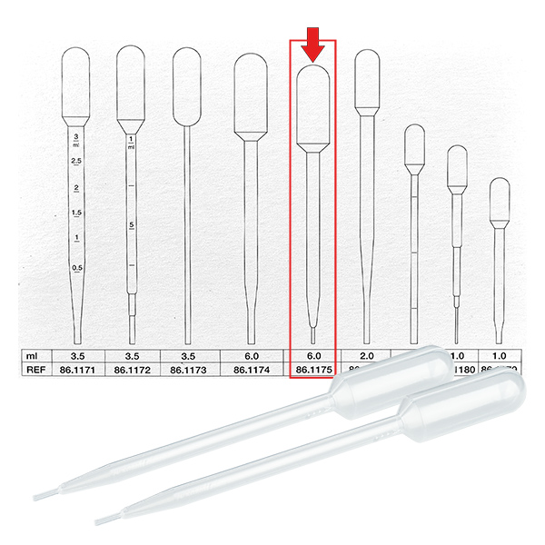 Pipeta transferowa, objętość nominalna: 6 ml, (dł. x szer.): 146 x 15 mm, materiał: LD-PE, przezroczysta, wielkość kropli: 20 µl - 30 µl, 400 sztuk/karton Pipeta transferowa, objętość nominalna: 6 ml, (dł. x szer.): 146 x 15 mm, materiał: LD-PE, przezroczysta, wielkość kropli: 20 µl - 30 µl, 400 sztuk/karton
