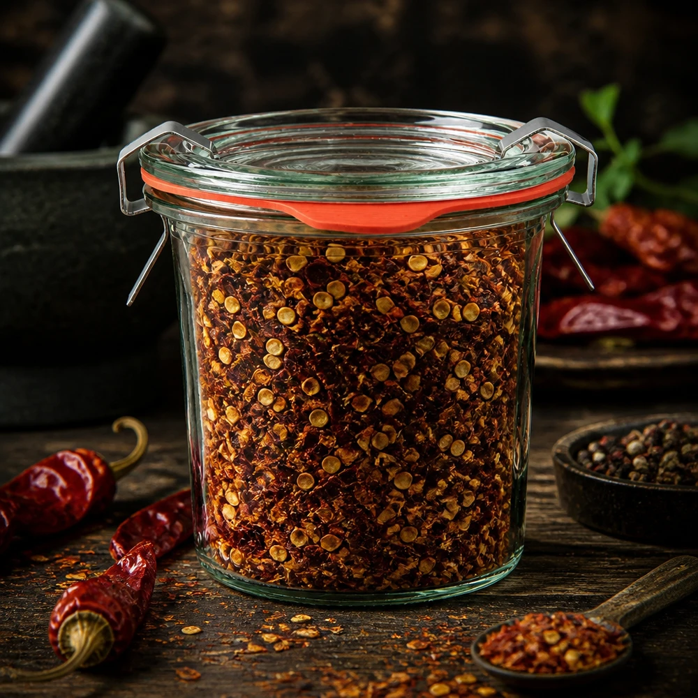 Słoik na przyprawy Pomysł: Mini słoik WECK 140 ml Szklanka WECK o pojemności 140 ml, wypełniona czerwonymi płatkami chili i wyposażona w pomarańczowy gumowy pierścień uszczelniający, stojąca na drewnianym stoliku