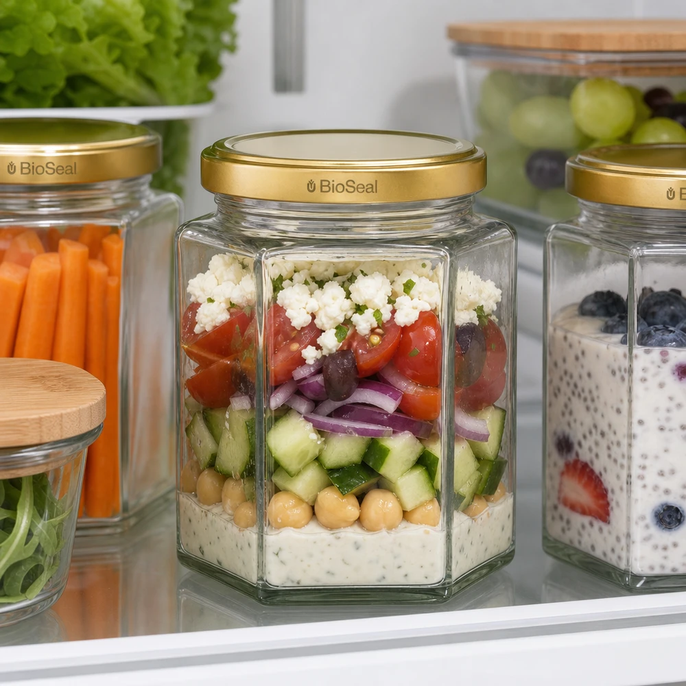 Słoik UNiTWIST Hexa390 Meal Prep z pokrywką BioSeal do przechowywania sałatek warstwowych w lodówce