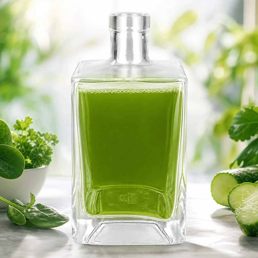 Szklana butelka Ben 700ml wypełniona zielonym sokiem otoczonym świeżymi ziołami, ogórkiem i szpinakiem jako detox smoothie.