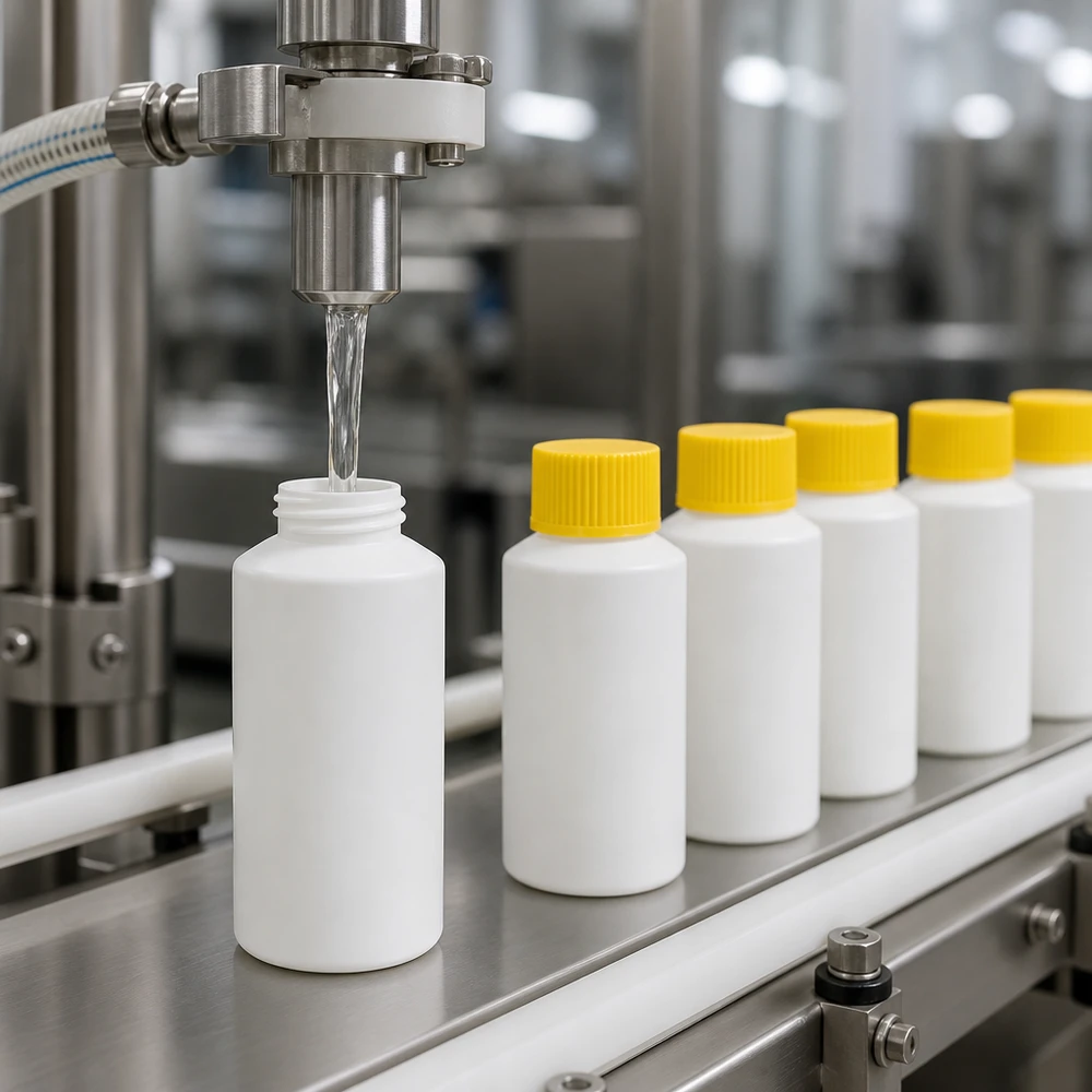 Butelka apteczna HDPE 30ml biała, z żółtym SV Automatyczne napełnianie białych butelek aptecznych z HDPE o pojemności 30 ml z żółtym zamknięciem zabezpieczającym